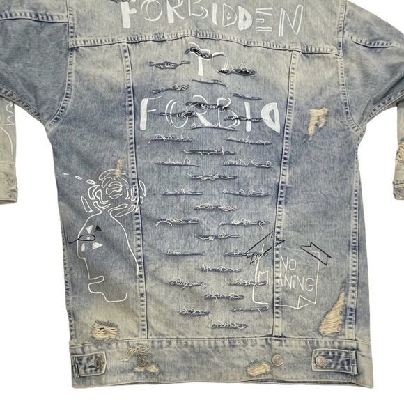 ZARA TRAFALUC DENIM Destroyed Graffiti Long Jean Jacket Women Small 90s Grunge - Picture 9 of 16